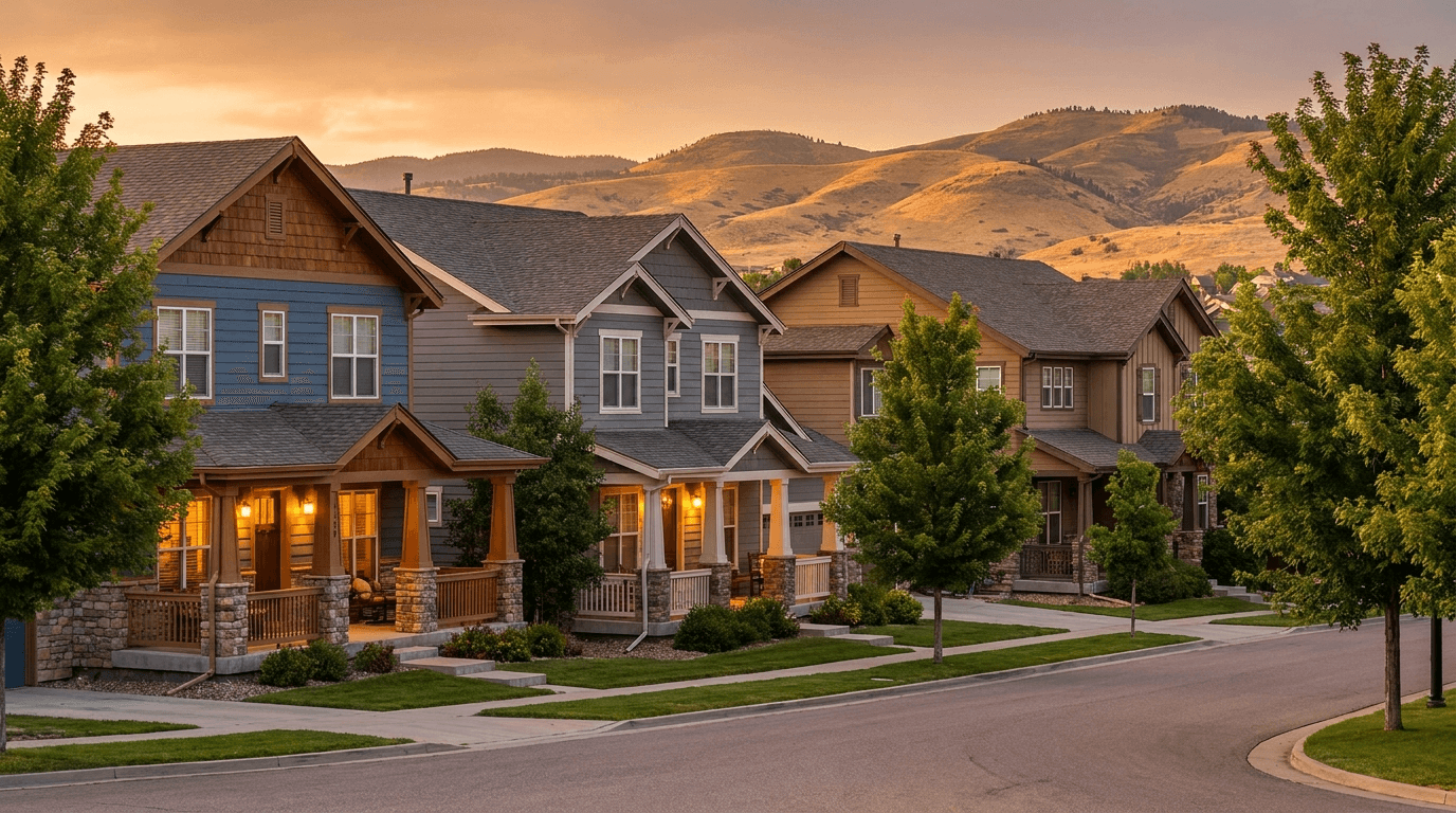 Craftsman-style homes at golden hour with mountains beyond